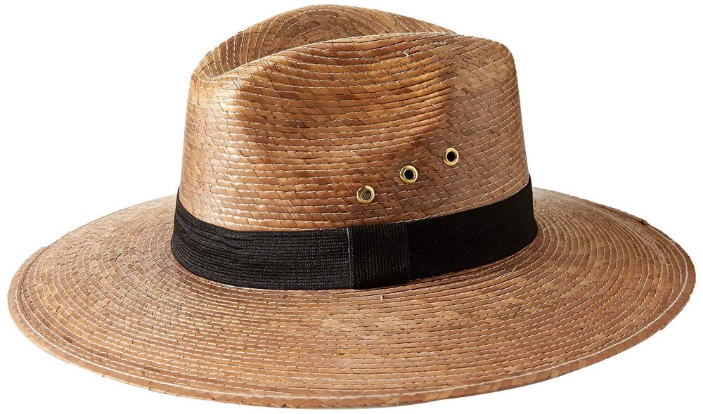 6829 Mexican Palm Leaf Straw Indiana Wide Brim Hat, Dark Tan w/Grommets